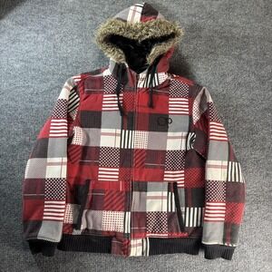 OP Jacket Mens Large Red Plaid Hooded Insulated Bomber Canvas Lined Winter